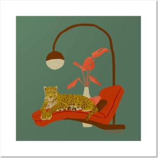 Retro Mid Century Modern Jaguar on an Office Couch Gouache Posters and Art